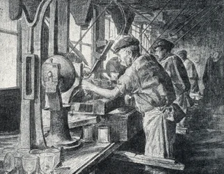 Oficina de corte na fábrica de vidro cristal em Sevres perto de Paris Gravura de "Excursion a travers les metiers" de Pierre Calmette Private Collection
