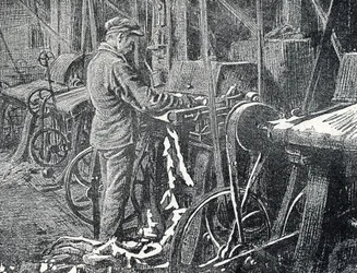 Indústria do couro: corte mecânico de peles Gravação de "Excursion a travers les metiers" por Pierre Calmette Private Collection