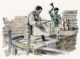 Savonnerie: le decoupage des breads de soap (fabrico de barras de sabão) Gravação de "Excursion a travers les metiers" da colecção privada Pierre Calmette