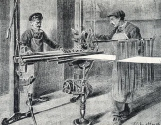 Oficina da seda: a preparação da cadeia na pasta (Trabalho da seda) Gravura desenhada a partir de "Excursion through the metiers" por Pierre Calmette Private Collection