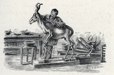 Taxidermia: Um taxidermista hartebeest empalhado na sua oficina Gravura de Excursion a travers les metiers" por Pierre Calmette Collection privee