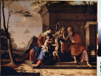 ""A Sagrada Família"" Pintura de Pierre Cauchy (?-1687) 1655 Dim. 78x106 cm Museu Hermitage, São Petersburgo, Rússia