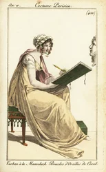 Mulher a desenhar um busto clássico num caderno de esboços, Paris