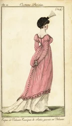 Mulher de vestido de túnica de cetim e toque de veludo, Paris