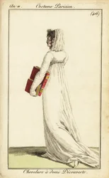 Mulher de vestido branco com véu sobre metade do seu cabelo, Paris