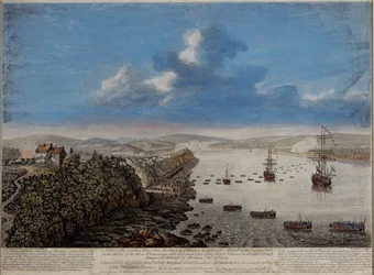 Uma vista do local de desembarque acima da cidade de Quebec descrevendo o assalto ... no Hauteurs DAbraham Septr. 13 1759, c.1760
