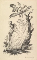 Folha de rosto: um homem sorridente segura a ponta de um pano amarrado a uma figueira e aponta com um s..., 1759.