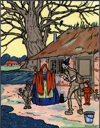 O voo de Picrochole que encontra uma velha bruxa Ilustração de Pierre Couselles (falecido em 1938) de "Gargantua" de François Rabelais