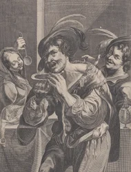 Homem tomando sopa enquanto duas pessoas o observam, 1624-75.
