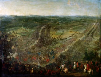 Guerra da Liga de Augsburg: "Batalha de Fleurus ganha pelo marechal de Luxemburgo contra as armas de uma coligação das Províncias Unidas (Províncias Unidas), dos Impérios, da Espanha e da Grã-Bretanha, em 1/07/1690" Pintura atribuída a Pierre Denis