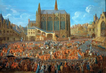 Rei Luís XV (1710-1774) deixando o leito de justiça realizado no Palais de Justice de Paris em 12/09/1715 La Sainte Chapelle est visible - Pintura a la gouache por Pierre Denis Martin (1663-1742) 1715 - Paris, musee Carnavalet - A partida de Luís XV (