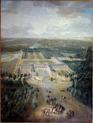 Vista panorâmica do castelo e jardins de Trianon: passeio do rei Luís XV a cavalo. Pintura de Pierre Denis Martin (1663-1742). Século XVIII. Dim. 2,96 x 2,23 m. Versalhes, musee du Chateau - Vista panorâmica do castelo e jardins de Tria.