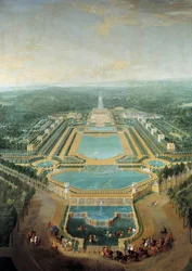 Perspectiva do castelo de Marly, Rei Luís XV (1710-1774) criança em carruagem passa em frente ao bebedouro Pintura por Pierre Denis Martin (1663-1742) 1724 Sol. 2,96 x 2,24 m