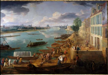 Vista de Paris, tirada do Quai de la Rapee em 1716 Detalhe dos barcos no Sena e das actividades. Pintura de Pierre Denis Martin (1663-1742) 1716 Sol. 1,7x3,15 m Paris, Musee Carnavalet.