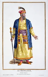 Aurengzeb, Grande Khan das Hordas Mongol da Colecção de Estampas, representando Cordilheiras e Dignitas, seguindo o Fato de Todas as Ações Existentes, publicado em 1780 (gravura colorida à mão)