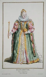 Isabel I (1530-1603), de «Recueil des Estampes, représentant les Rangs et les Dignités, suivant le Costume de toutes les Nations existantes», publicado em 1780