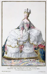 Maria Antonieta (1752-93) de Réuil des Estampes, representando Cordilheiras e Dignitas, seguindo o figurino de todas as nações existentes, publicada em 1780 (gravura à mão)