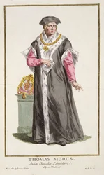 Sir Thomas More (1478-1535) de &39;Réuil des Estampes, representando Ranges and Dignites, seguindo o figurino de todas as nações existentes&39;, publicado em 1780 (gravura colorida à mão)