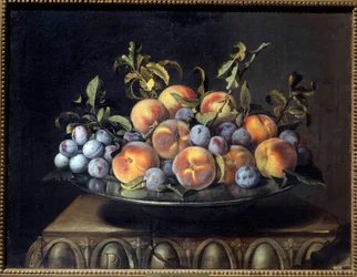 Peches e ameixas numa lata Pintura de Pierre Dupuis (1610-1682) Sol do século XVII. 0,48x0,61 m