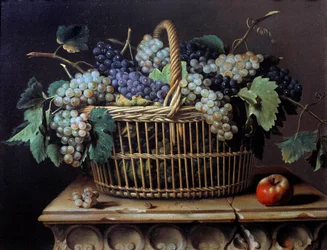 Natureza morta de um cacho de uvas em uma cesta Quadro de Pierre Dupuis