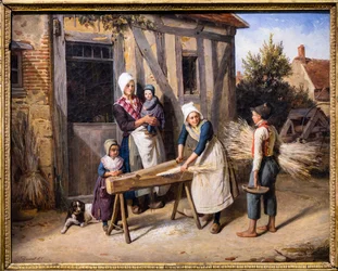 A família do agricultor (camponeses ocupados a preparar cânhamo em frente à porta de uma casa de campo)