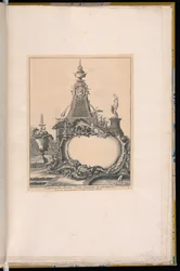 Cartouche com uma fonte e um obelisco ao fundo