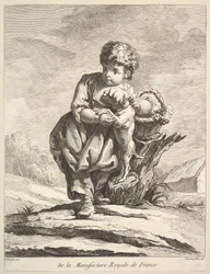 Criança com um cachorro, segurando uma cesta de uvas, do Premier Livre de Figuras daprès les po ..., 1757.