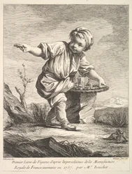 Frontispício com menino segurando uma cesta, do Premier Livre de Figuras daprès les po ..., 1757.
