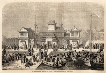 O Edifício da Alfândega de Xangai, desenho de Grandsire, para ilustrar a viagem à China e ao Japão, em 1857-1858, do Marquês de Moges. Gravura em "Le tour du monde, nouveau journal des voyages" Paris