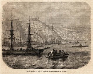 Vista do Quebec, desenho de Grandsire, para ilustrar as viagens à América do Norte em 1854-1855, de L. Deville. Gravura em "Le tour du monde", 1861. A coleção de Selva.