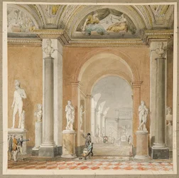 A velha sala Apollo do Belvédère no Louvre (giz preto e w - c no papel)