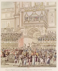 O Imperador e a Imperatriz Recebendo a Homenagem das Tropas Francesas da Varanda das Tulherias na Ocasião de seu Casamento, gravada por Charles Pierre Joseph Normand (1765-1840) (cor