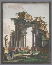 Vista das ruínas de um arco triunfal Monumento Ruine d´ancien (título no objeto)