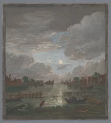 Vista de um canal perto da cidade de Haarlem ao luar Vûe du canal proche de Haerlem (título no objeto)