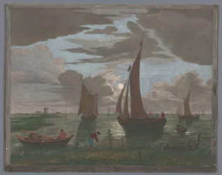Vista de uma costa com navios e barcos na água ao luar
1er. Clair de lune (título sobre o objecto)
