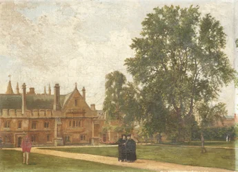 No Grounds of Magdalen College, com Retratos de Magdalen Fellows: o reverendo THT Hopkins, o reverendo HR Bramley, o reverendo J. Rigaud e o reverendo HF Garnsey, 1882