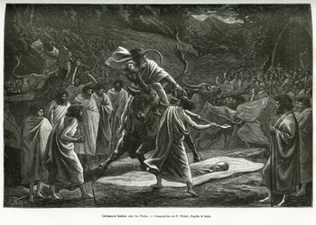 Uma cerimônia fúnebre para o Todas, uma pequena comunidade pastoral no planalto de Nilgiri (Sul da Índia), durante o funeral, o gado é sacrificado. Gravura de P. Fritel, para ilustrar as lembranças de uma viagem aos Nilgherries, de Madame Janssen, em 1