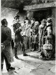 Um oficial alemão pede a Boulle de tallow em troca da liberdade de todos os passageiros que tenham sido presos na diligência. Em "Bola de Sebo" de Guy de Maupassant (1850-1893). Ilustração de P. G. Jeanniot (1848-1934). Publicado em Ollendorff i