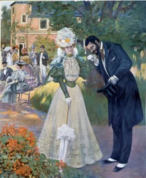 Belle epoque: "Hand sex": um homem a cumprimentar uma mulher numa recepção. Ilustração de Jeanniot para "Le Figaro illustrious" Início do século XX Paris, Artes Decorativas