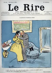 Aniversário - Anaïs, meu amor, meu anjo, minha pequena rainha, como no primeiro dia!!! - Jesus Cristo! Estás a apalpar com a barba! - desenho de Pierre Georges Jeanniot (1848-1934) para "Le Rire" de 23 de fevereiro