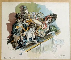 Casais elegantes no Teatro Aquarela de Pierre Georges Jeanniot