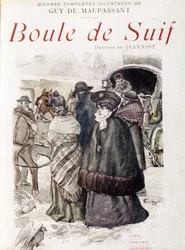 Os viajantes da diligência foram presos por oficiais alemães durante a ocupação da França pela Prússia. Em primeiro plano: o Baile da Prostituta de Suif. Em "Bola de Sebo" de Guy de Maupassant (1850-1893). Ilustração de P. G. Jeanniot (1848-1934)