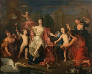 Espanhol:  María Adelaida de Saboya, duquesa de Borgoña con sus hijos A duquesa de Borgonha com os seus dois filhos, os duques da Bretanha e de Anjou (futuro Luís XV)
