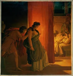 Clitemnestra, hesitando antes de matar o seu marido adormecido ...