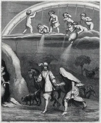 Enee e Didon surpreendidos com a chuva na floresta. Ilustração de "Virgil travesti" de Paul Scarron (1610-1660), uma paródia de "L