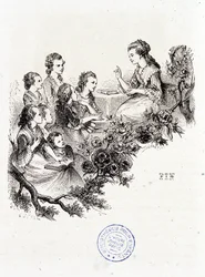 Jovem governanta a contar uma história a um grupo de crianças - em "Le magasin des enfants", de Mme. Leprince de Beaumont, doente. Staal, Garnier