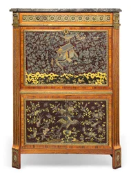 Secretaire a Abbatant de Luís XVI, final do século 18 (mármore, couro, pau-brasil montado em ormolu, madeira de tulipa, amaranto, laca chinesa incrustada de madrepérola e japonês) (ver também 3479849)