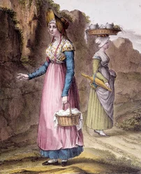 Traje tradicional: um camponês dos arredores de Lyon. Gravura de carpinteiro