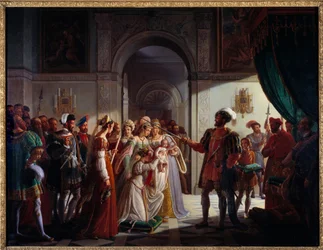 François I (1494-1547) cavaleiro armado seu neto François II (1544-1560). O jovem príncipe é acompanhado por seus pais Henrique II (1519-1559), e Catarina de Médici (Caterina de Médici) (1519-1589). Pintura de Pierre Henri Revoil (1776-1842)