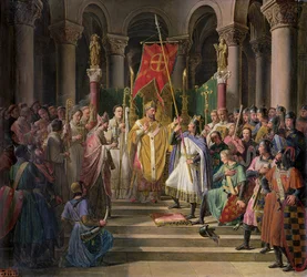 Philip Augustus (1165-1223), rei da França, levando o banner em St. Denis, 24 de junho de 1190, 1841